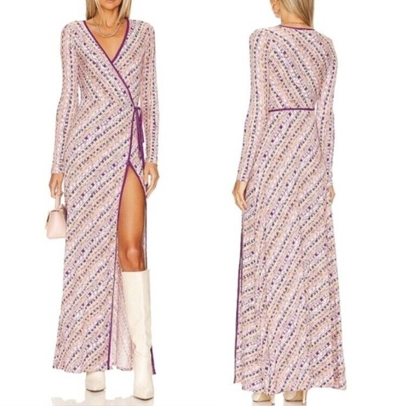 Free People Dresses & Skirts - Free People M NWT Phoebe Maxi Dress Side Slit Long Sleeve Purple Stripe Wrap